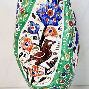 Vintage Persian Hand-Painted Metal Vase with Textured Flowers & Bird 8.5"